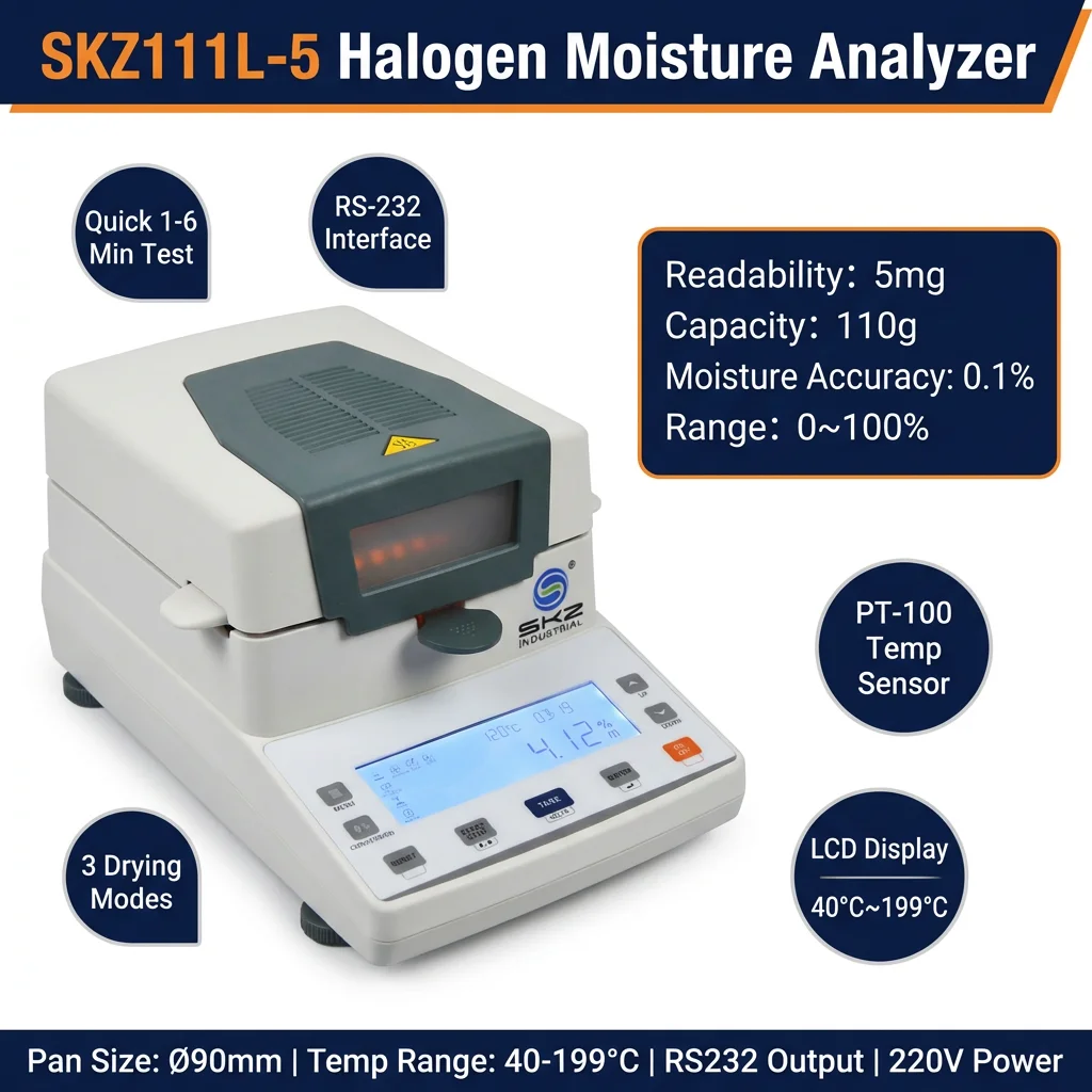 SKZ111L-5 OEM Moisture Analyzer 0.1% Accuracy 3 Drying Modes RS232 Interface Lab Moisture Meter Quick 1-6 Minutes
SKZ111L-5 OEM Moisture Analyzer 0.1% Accuracy 3 Drying Modes RS232 Interface Lab Moisture Meter Quick 1-6 Minutes