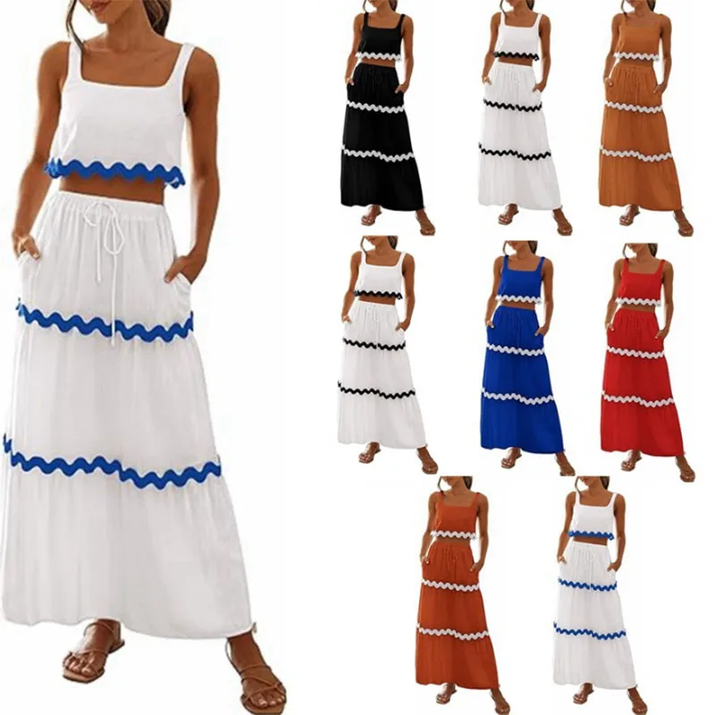 Women Summer Dress Two Piece Set Casual Loose A Line Patchwork Beach Skirt Suspender Strapless Vest Female New Long Skirts Sets
Women Summer Dress Two Piece Set Casual Loose A Line Patchwork Beach Skirt Suspender Strapless Vest Female New Long Skirts Sets