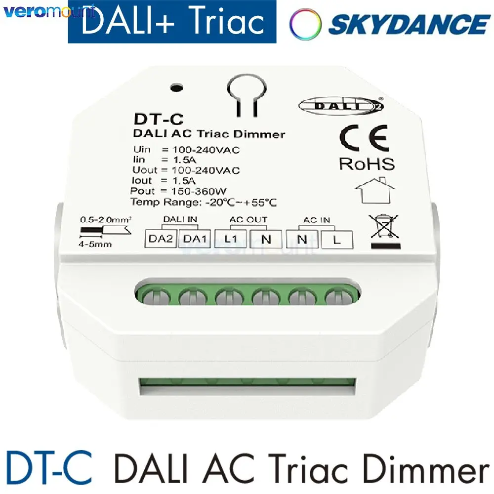 Skydance DT-C 100-240V AC Triac DALI Dimmer(DT4) 150-360W AC phase-cut mosfet DALI dimmer Trailing edge dimmer DALI-2 certified
Skydance DT-C 100-240V AC Triac DALI Dimmer(DT4) 150-360W AC phase-cut mosfet DALI dimmer Trailing edge dimmer DALI-2 certified
