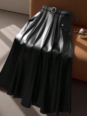 Ladies' casual and elegant half skirt, with fake pockets on both sides, belt, handsome motorcycle style half skirt 843