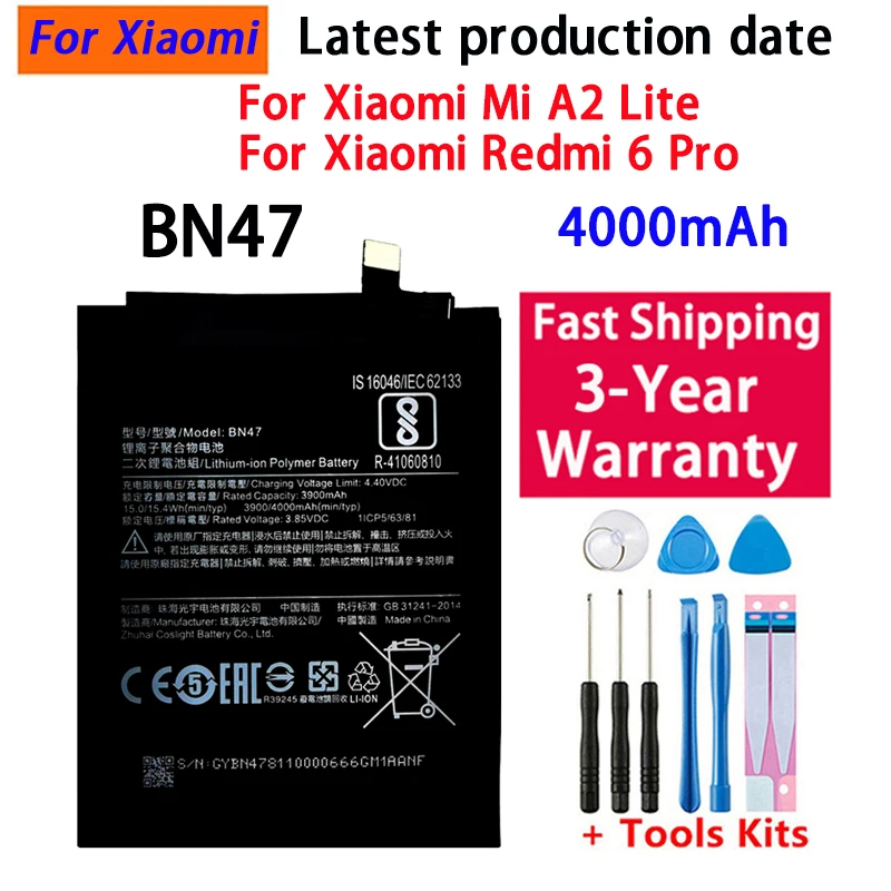 New High Quality BN47 4000mAh Battery For Xiaomi Mi A2 Lite/Xiaomi Redmi 6 Pro Phone Replacement Batteries + Tools
New High Quality BN47 4000mAh Battery For Xiaomi Mi A2 Lite/Xiaomi Redmi 6 Pro Phone Replacement Batteries + Tools