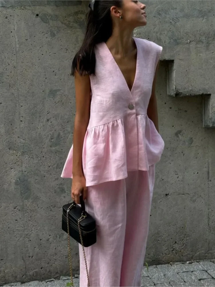 Summer Chic Women's Set Solid Color Cotton Linen Two Piece Set Fashion Ruffles Sleeveless Tank Top With Wide Pants Outfit Female
Summer Chic Women's Set Solid Color Cotton Linen Two Piece Set Fashion Ruffles Sleeveless Tank Top With Wide Pants Outfit Female