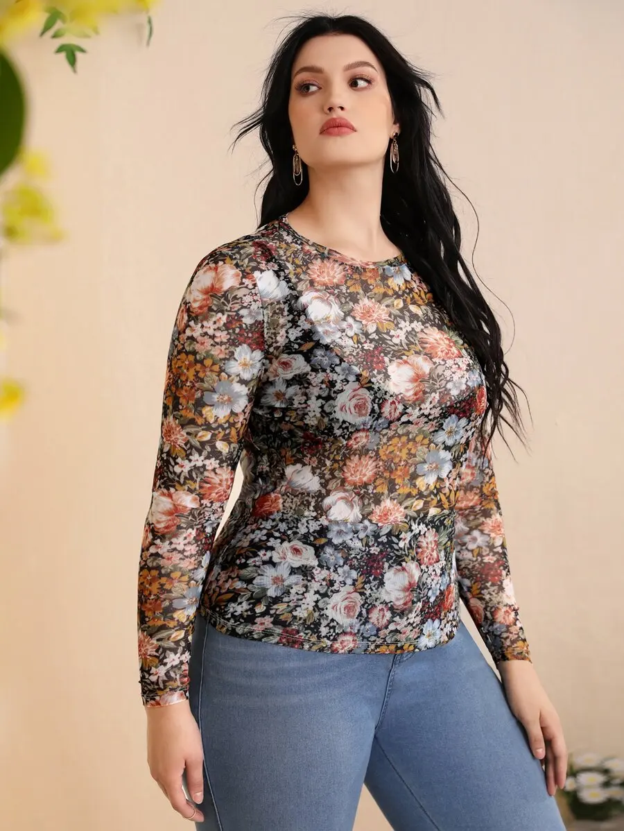Floral Print Mesh Long Sleeve Top For Women
Floral Print Mesh Long Sleeve Top For Women