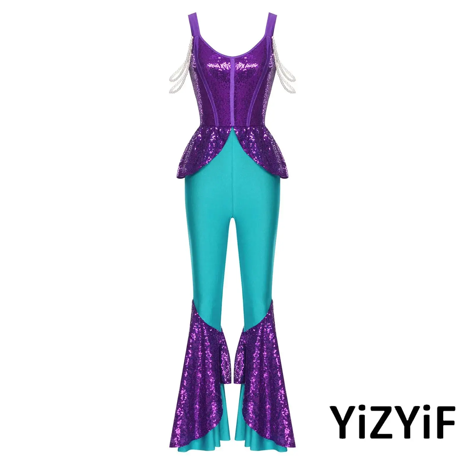 Womens Pearl Adorned Mermaid Costume All Over Sequins Jumpsuit Flared Pants for Underwater Halloween Themed Dress Up Events
Womens Pearl Adorned Mermaid Costume All Over Sequins Jumpsuit Flared Pants for Underwater Halloween Themed Dress Up Events