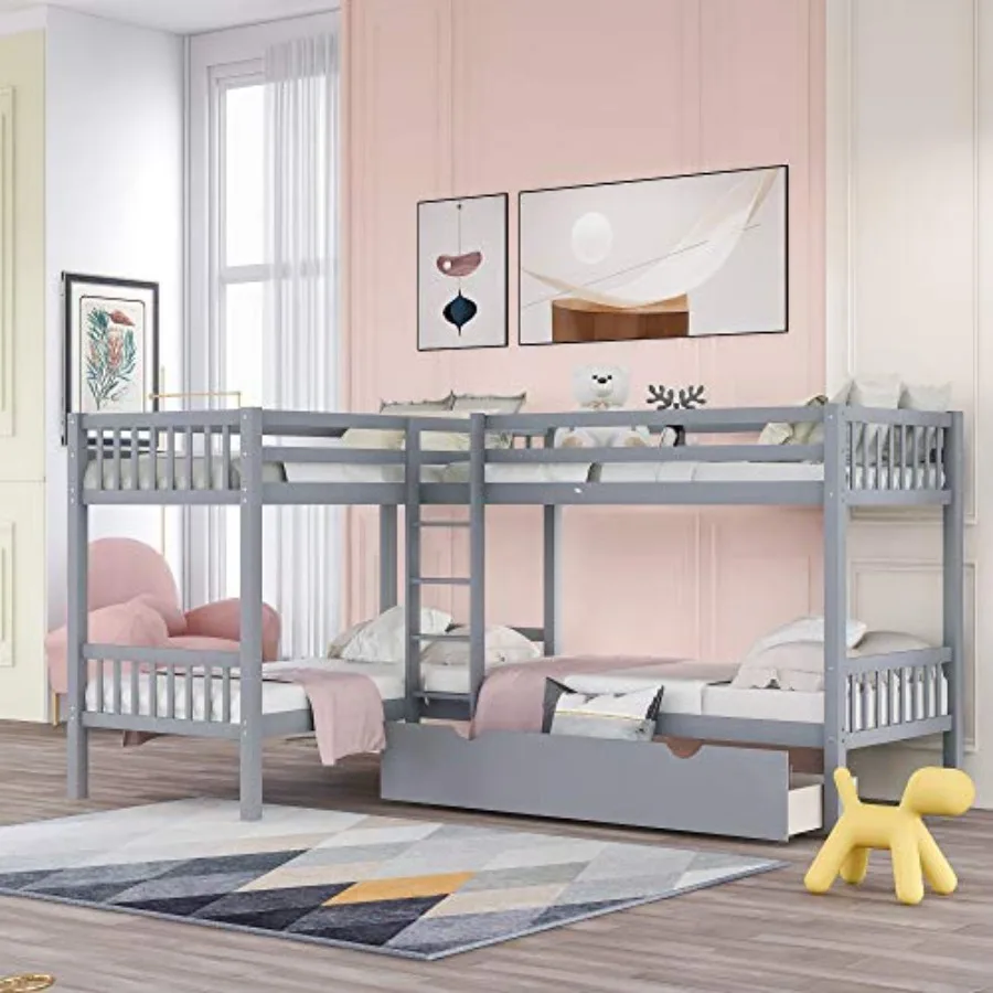 Twin L-Shaped Wood Quad Bunk Bed with Storage Drawer, Modern Solid Pine Wood Bunk Bed with High Guardrail for Small Space, Dorm
Twin L-Shaped Wood Quad Bunk Bed with Storage Drawer, Modern Solid Pine Wood Bunk Bed with High Guardrail for Small Space, Dorm