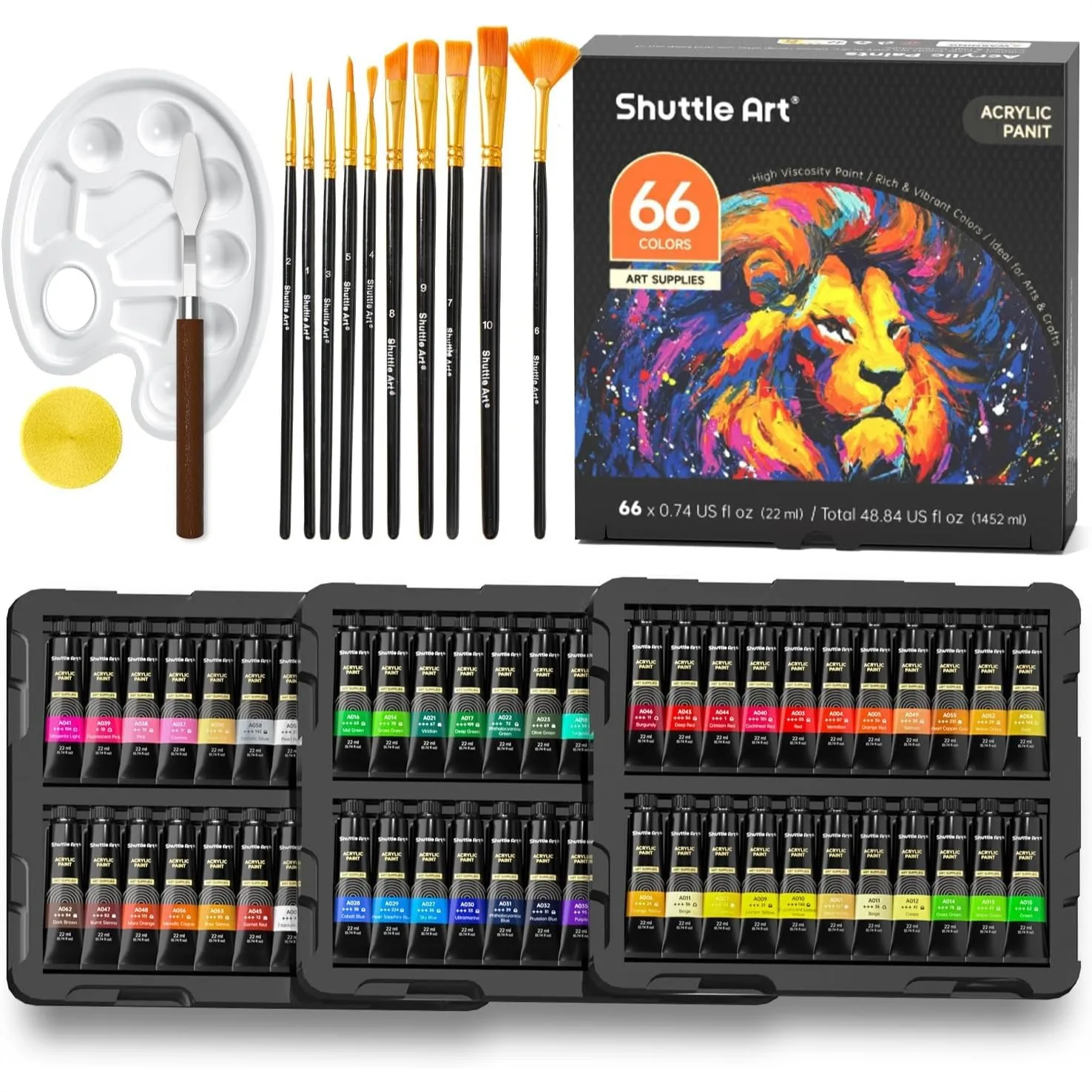 82 Pack Acrylic Paint Set with 66 Colors & 10 Brushes, 22ml Tubes for Canvas, Wood, Ceramic Painting
82 Pack Acrylic Paint Set with 66 Colors & 10 Brushes, 22ml Tubes for Canvas, Wood, Ceramic Painting