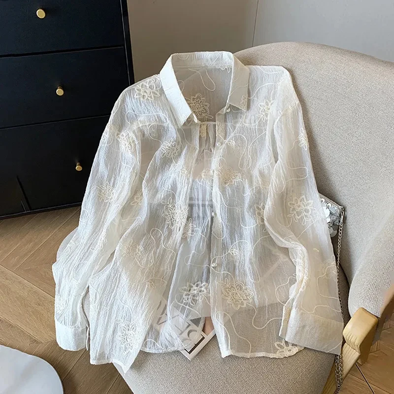 Leaf Embroidery Jacquard Shirt Women Korean Fashion Loose Fit Chic Blouse Solid Sunproof Long Sleeve Sheer Linen Top
Leaf Embroidery Jacquard Shirt Women Korean Fashion Loose Fit Chic Blouse Solid Sunproof Long Sleeve Sheer Linen Top