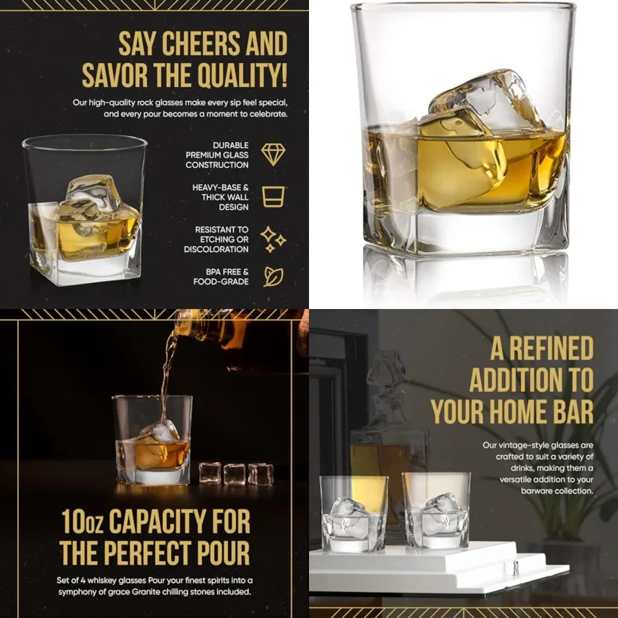 Double Old Fashioned Whiskey Glass Set of 4 with Granite Chilling Stones - 10 oz Heavy Base Rocks Barware Glasses for Scotch, B
Double Old Fashioned Whiskey Glass Set of 4 with Granite Chilling Stones - 10 oz Heavy Base Rocks Barware Glasses for Scotch, B