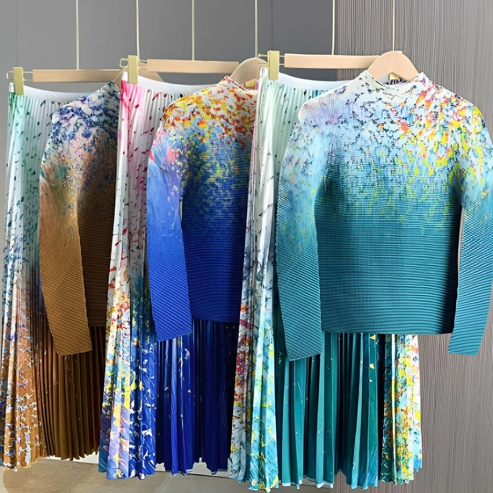 Fashionable printed long sleeved pleated half body long skirt with meat blocking temperament two-piece set
Fashionable printed long sleeved pleated half body long skirt with meat blocking temperament two-piece set