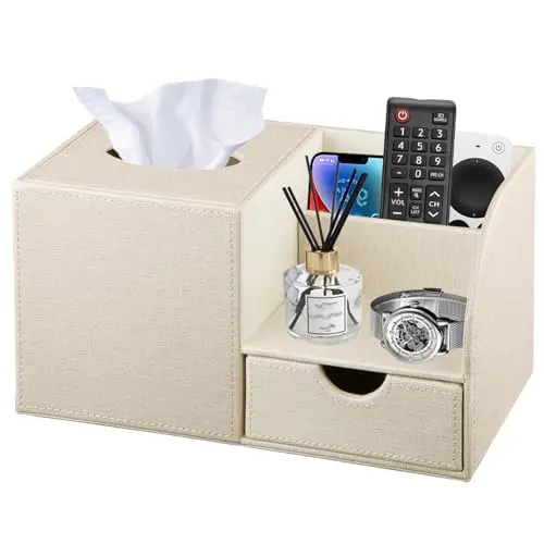 Beige PU Leather Multi Compartment Organizer With Tissue Box, Drawer, And Remote Control Holder For Bedroom Desk Or Bathroom
Beige PU Leather Multi Compartment Organizer With Tissue Box, Drawer, And Remote Control Holder For Bedroom Desk Or Bathroom