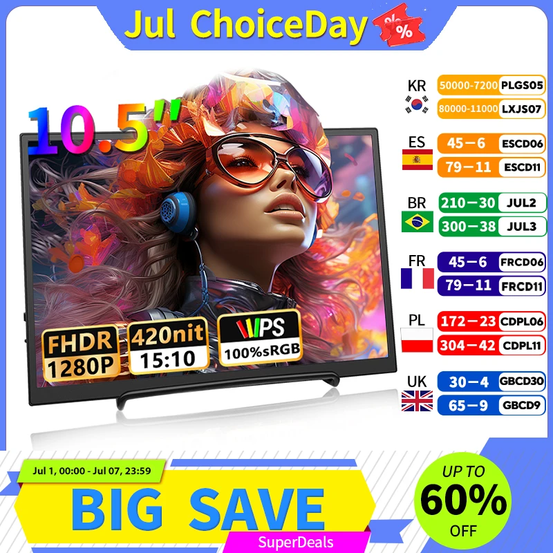10.5 inch Portable Monitor 1280P 100%SRGB 420cd/m2 With dual speakers Mini HDMI interface For Laptop PC PS4 Game Console
10.5 inch Portable Monitor 1280P 100%SRGB 420cd/m2 With dual speakers Mini HDMI interface For Laptop PC PS4 Game Console