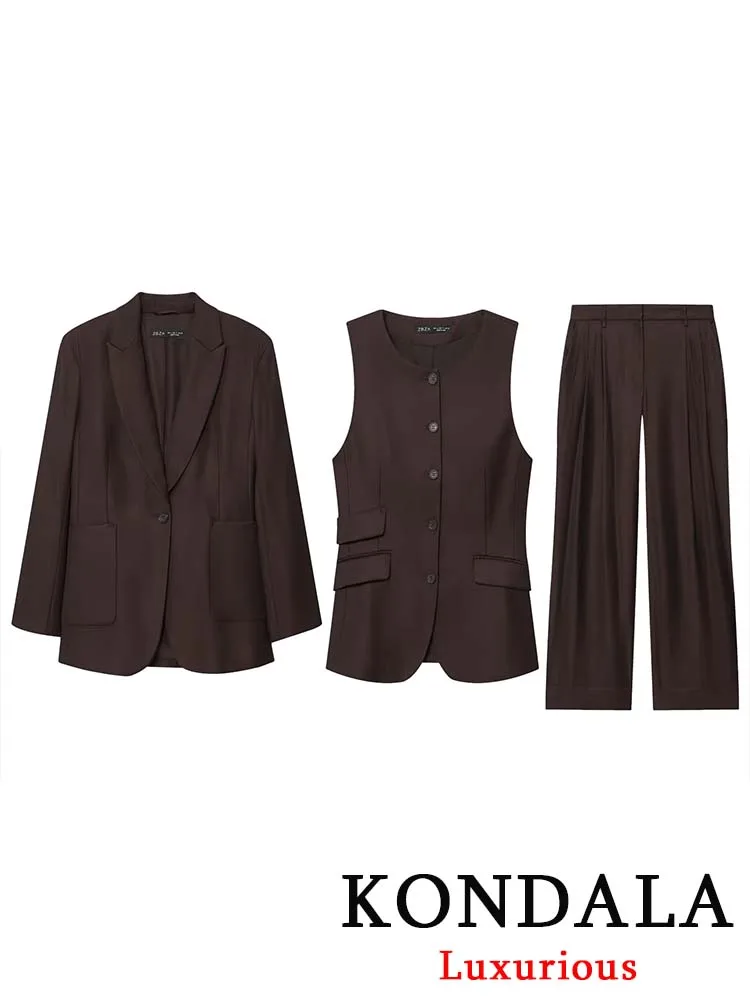 KONDALA винтажный офисный женский однотонный костюм с v-образным вырезом, однобортный жилет с карманами, пиджак, прямые свободные брюки, модные осенние комплекты 2023 г. 
KONDALA винтажный офисный женский однотонный костюм с v-образным вырезом, однобортный жилет с карманами, пиджак, прямые свободные брюки, модные осенние комплекты 2023 г.