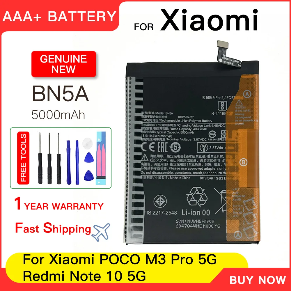 Genuine BN5A 5000mAh Battery For Xiaomi POCO mi3 pro mi 3 pro/Redmi Note 10(5G)/Redmi 10 Phone batteries batteria+Free tools
Genuine BN5A 5000mAh Battery For Xiaomi POCO mi3 pro mi 3 pro/Redmi Note 10(5G)/Redmi 10 Phone batteries batteria+Free tools