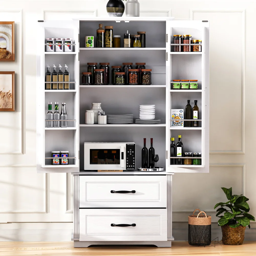 71" Farmhouse Kitchen Pantry Cabinet with 2 Large Drawers,Freestanding Cupboard Cabinet with 8 Door Shelves & 3 Cabinet Shelves
71" Farmhouse Kitchen Pantry Cabinet with 2 Large Drawers,Freestanding Cupboard Cabinet with 8 Door Shelves & 3 Cabinet Shelves