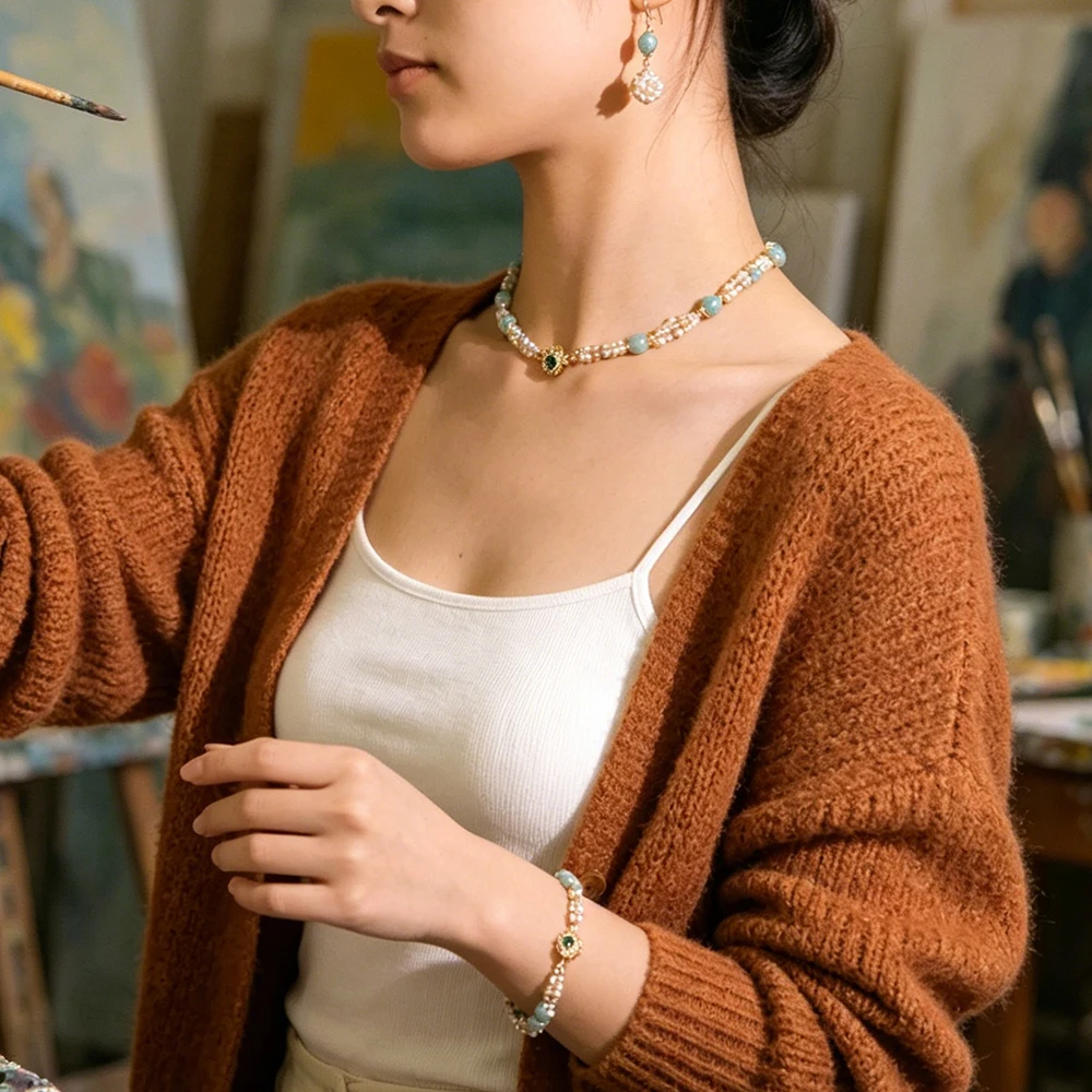 Luxury 3PCS Freshwater Pearl Jewelry Set Green Stone Zircon Necklace Bracelet Earrings Chain Elegant Chinese Vintage for Women
Luxury 3PCS Freshwater Pearl Jewelry Set Green Stone Zircon Necklace Bracelet Earrings Chain Elegant Chinese Vintage for Women