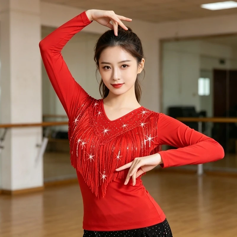 Women Long Sleeve Latin Dance Top Tassel Design National Standard Ballroom Modern Square Dance Costume Evening Dance Wear
Women Long Sleeve Latin Dance Top Tassel Design National Standard Ballroom Modern Square Dance Costume Evening Dance Wear