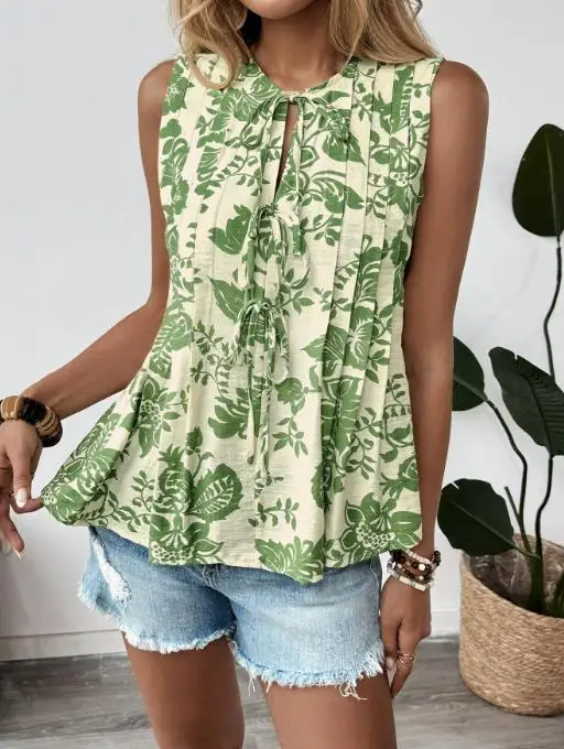 Summer 2025 Top Printed Lace Up Women's Sleeveless Shirt Elegant Casual Lace Up Pleated Design Flower Print Sleeveless Vest Top
Summer 2025 Top Printed Lace Up Women's Sleeveless Shirt Elegant Casual Lace Up Pleated Design Flower Print Sleeveless Vest Top