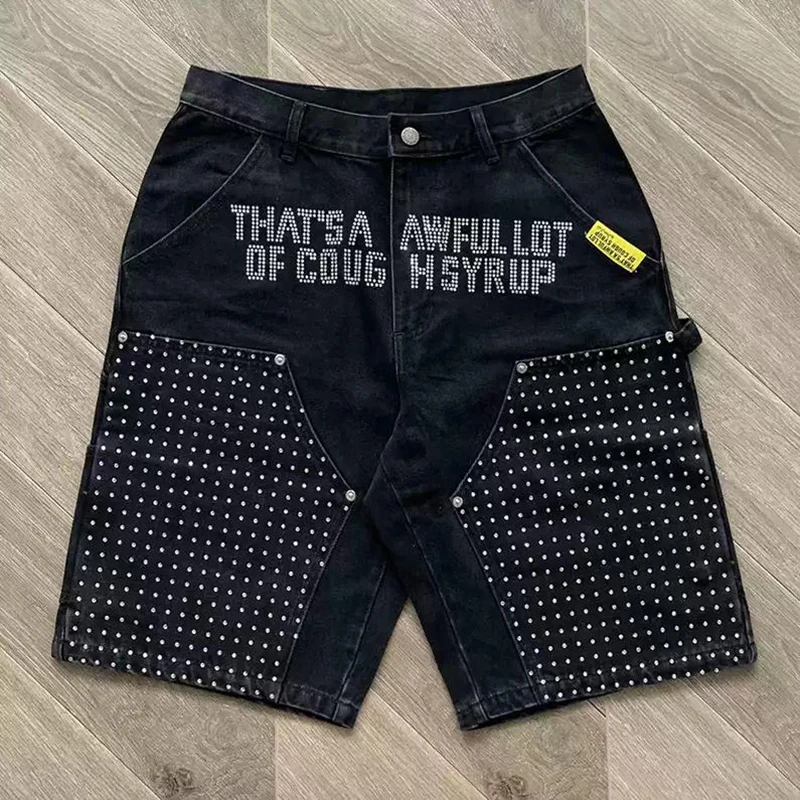 COUGH SYRUP Men Women American Trendy Summer Rhinestone Letter Casual Washed Denim Shorts
COUGH SYRUP Men Women American Trendy Summer Rhinestone Letter Casual Washed Denim Shorts