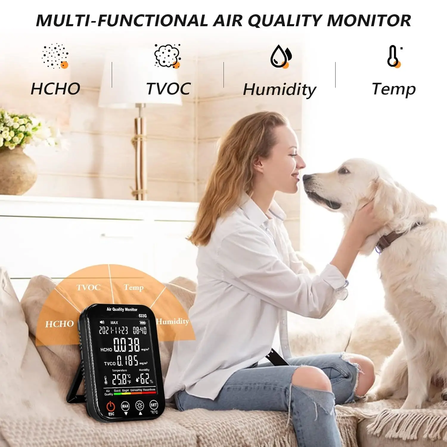 HP-533M Air Quality Monitor HCHO TVOC Temp Humidity 96 Data Logger 24H Recording Large LCD for Home Office New House
HP-533M Air Quality Monitor HCHO TVOC Temp Humidity 96 Data Logger 24H Recording Large LCD for Home Office New House