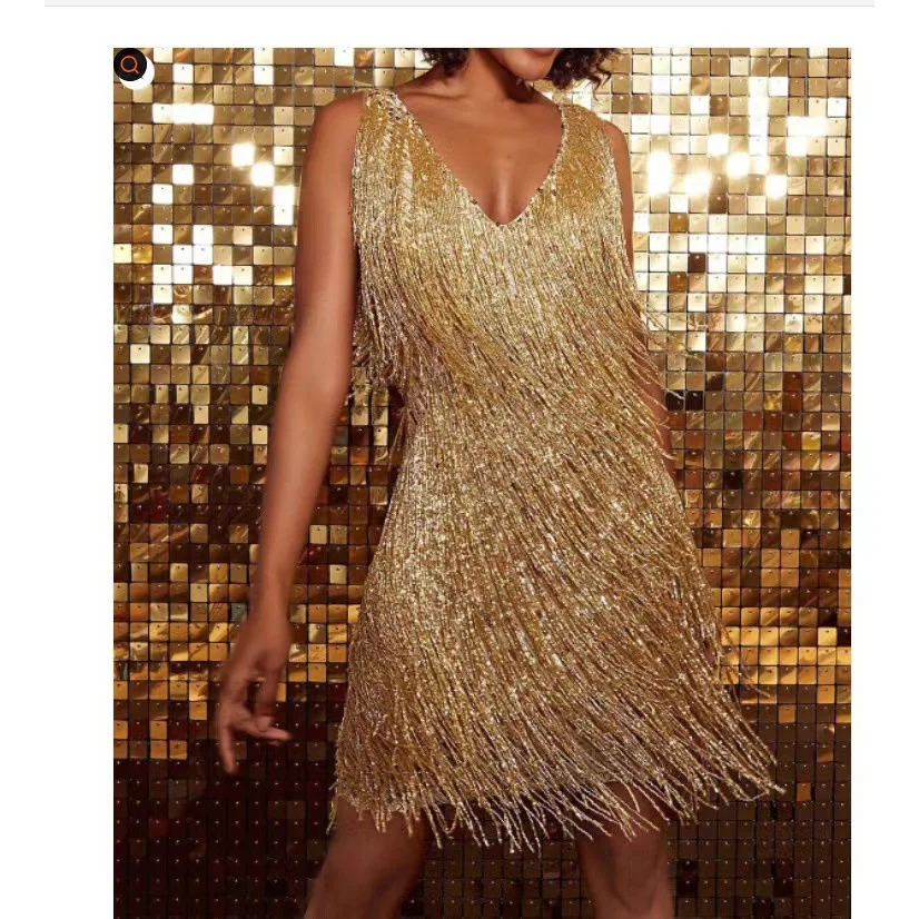2023 New Gold Sleeveless Evening Party Dress Summer Beach Tassel Mini Dress Women Glitter Night Clubwear Femme Vestidos Summer
2023 New Gold Sleeveless Evening Party Dress Summer Beach Tassel Mini Dress Women Glitter Night Clubwear Femme Vestidos Summer
