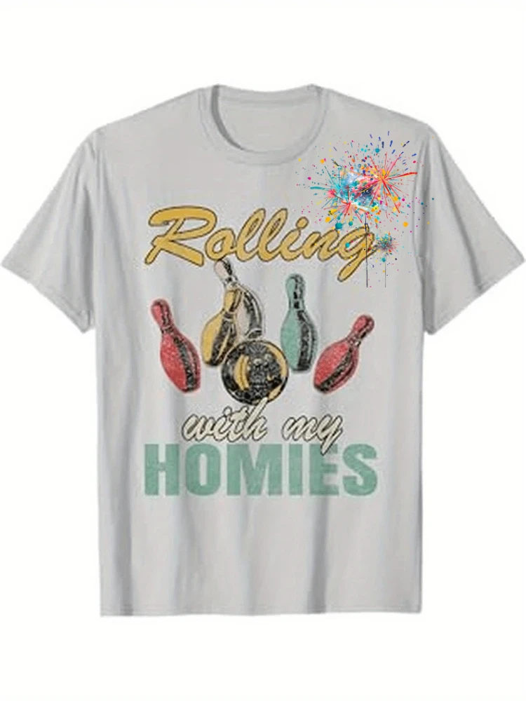 Funny Bowling Graphic with "Rolling with My Homies"Pun design-100% cotton summer O-neck short sleeve printed men's T-shirt.
Funny Bowling Graphic with "Rolling with My Homies"Pun design-100% cotton summer O-neck short sleeve printed men's T-shirt.