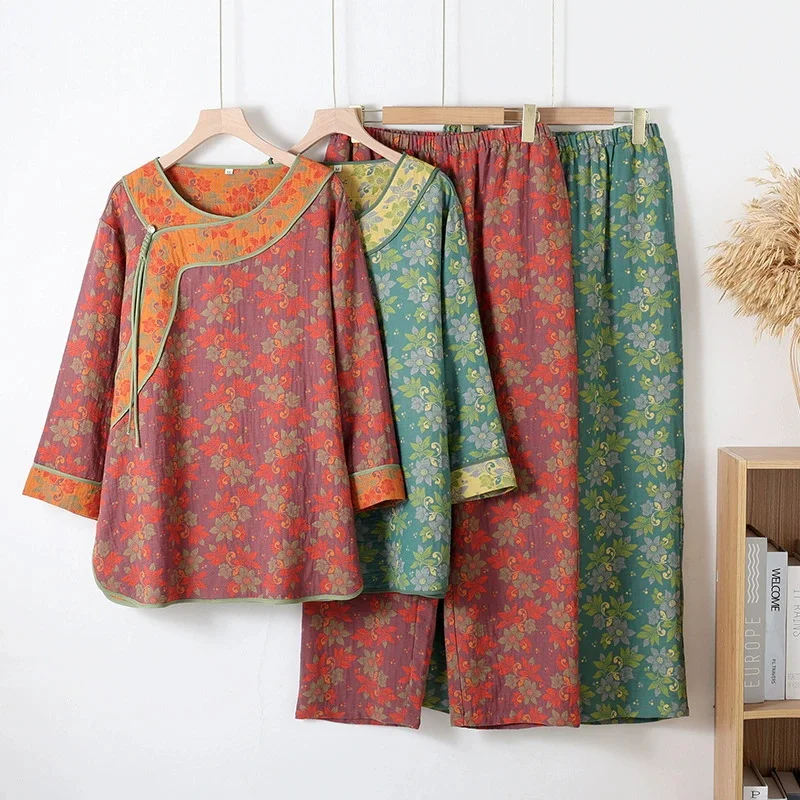 2025 New Spring and Autumn Women's Pajama Set 100% Cotton Gauze Jacquard Long Sleeve Long Pants Loose Home Clothes Two Piece Set
2025 New Spring and Autumn Women's Pajama Set 100% Cotton Gauze Jacquard Long Sleeve Long Pants Loose Home Clothes Two Piece Set