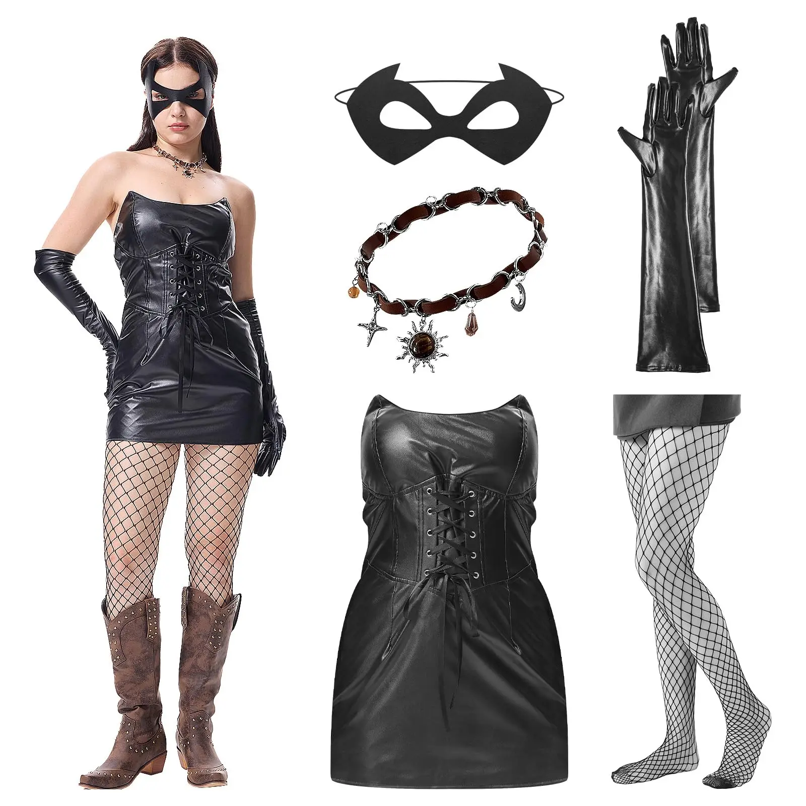 Gothic Black Cat Costume Set for Halloween Parties Women's Punk Rock Faux Leather Corset Dress Gloves Mask 
Gothic Black Cat Costume Set for Halloween Parties Women's Punk Rock Faux Leather Corset Dress Gloves Mask