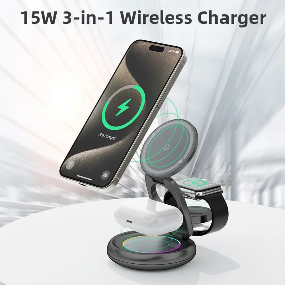 15W 3-in-1 Foldable Wireless Charger for iPhone Watch with Dynamic LED Indicators and Adjustable Multi-Angle Stand
15W 3-in-1 Foldable Wireless Charger for iPhone Watch with Dynamic LED Indicators and Adjustable Multi-Angle Stand