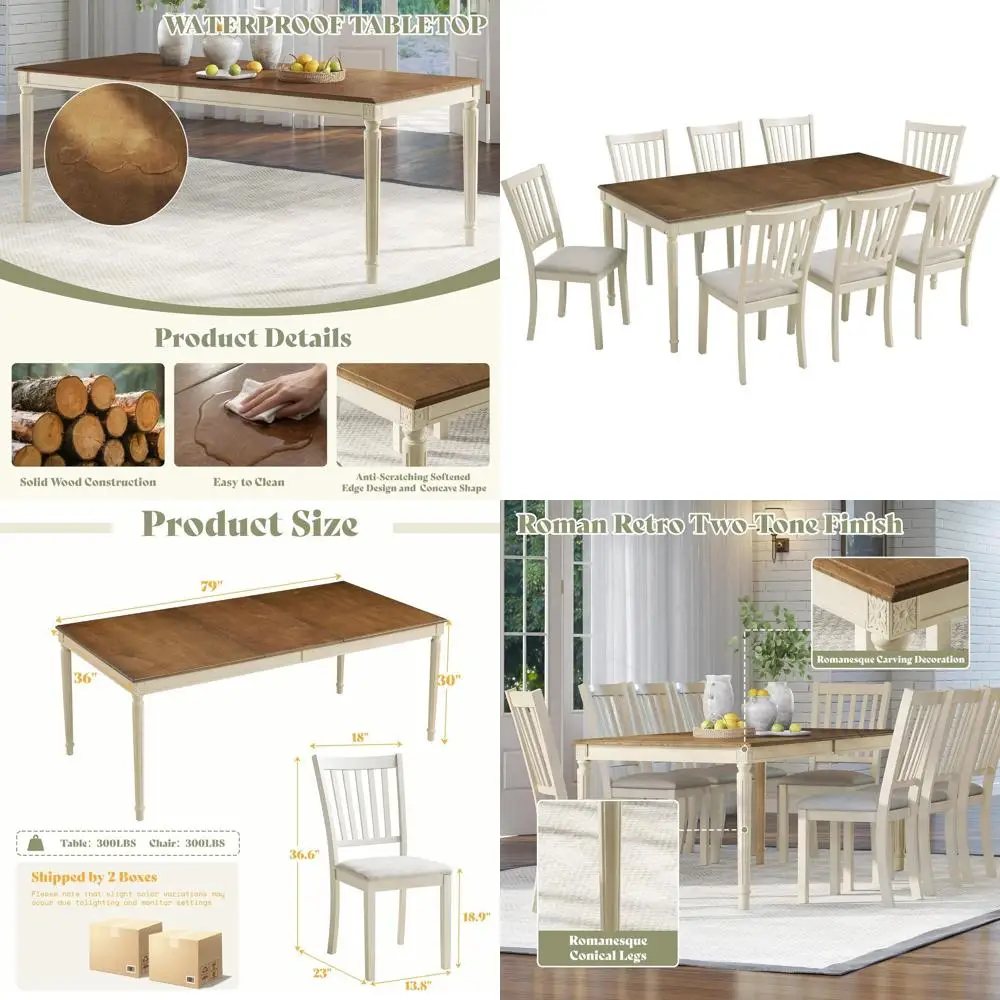 Solid Wood 9-Piece Dining Set with 8 Upholstered Chairs, Conical Legs, Seats 8, 79 Table, Rustic Cream
Solid Wood 9-Piece Dining Set with 8 Upholstered Chairs, Conical Legs, Seats 8, 79 Table, Rustic Cream