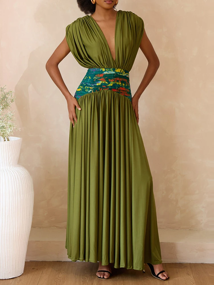 Sexy Deep V-neck Sleeveless Bohe Long Dress Elegant Hight Waist Draped Party Dress Ethnic Style Printed Patchwork Vacation Dress
Sexy Deep V-neck Sleeveless Bohe Long Dress Elegant Hight Waist Draped Party Dress Ethnic Style Printed Patchwork Vacation Dress