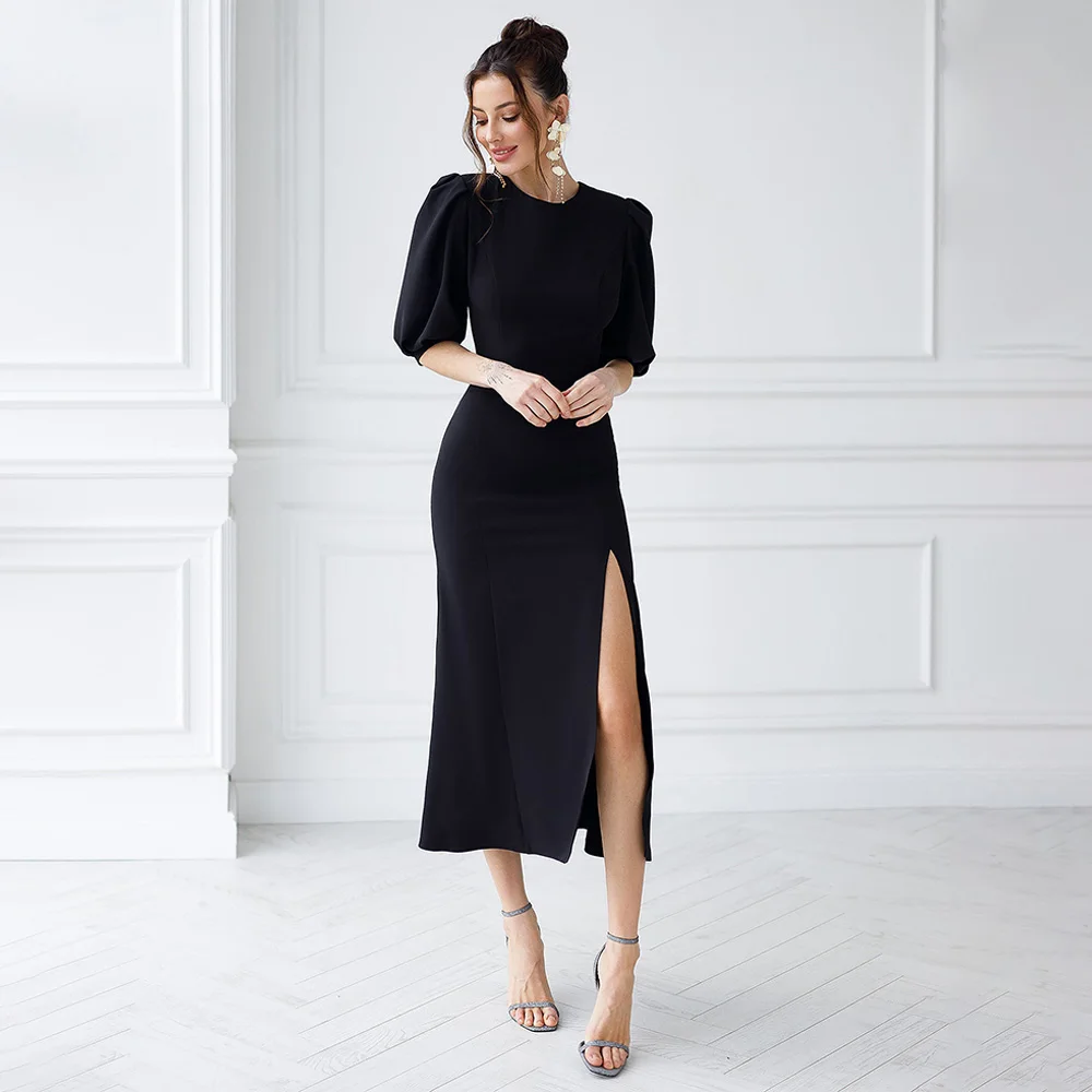 Women's Cocktail Dresses for Weddings Mermaid Half Sleeves Simple Gowns Midi Side Slit O Neck Trumpet Black Party Gown
Women's Cocktail Dresses for Weddings Mermaid Half Sleeves Simple Gowns Midi Side Slit O Neck Trumpet Black Party Gown