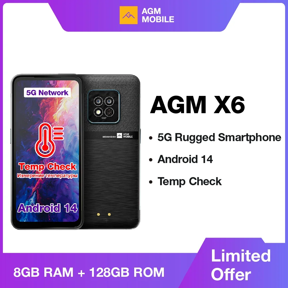 Смартфон AGM X6, 6,78 дюйма FHD +, водонепроницаемая камера 50 МП, 5000 мАч, 8 ГБ + 128 Гб, Android 14
Смартфон AGM X6, 6,78 дюйма FHD +, водонепроницаемая камера 50 МП, 5000 мАч, 8 ГБ + 128 Гб, Android 14