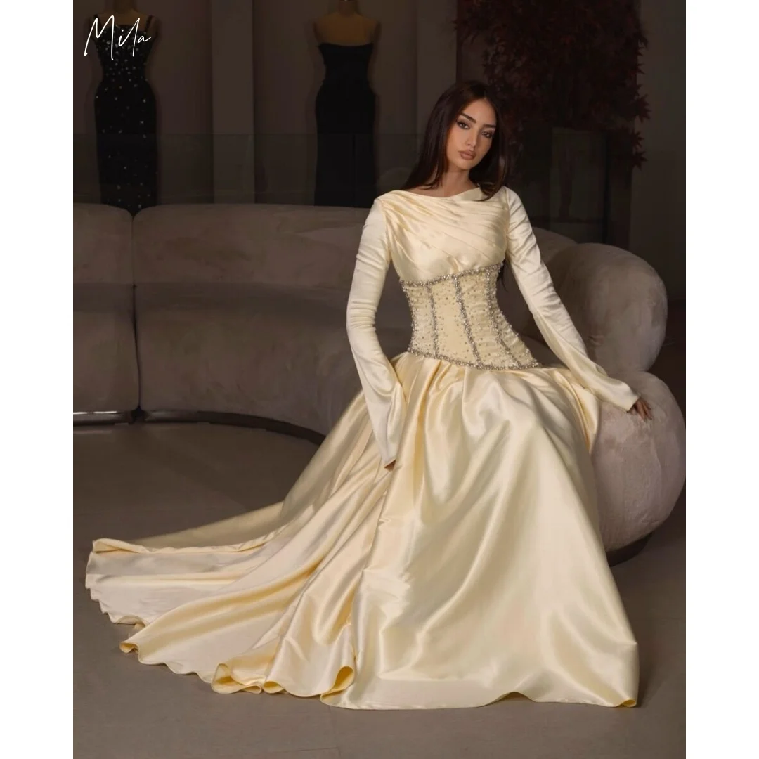 Mila Champagne Long Sleeve Prom Dresses Satin Beaded Corset Floor Length Customized Formal Evening Ball Gown vestidos de gala
Mila Champagne Long Sleeve Prom Dresses Satin Beaded Corset Floor Length Customized Formal Evening Ball Gown vestidos de gala
