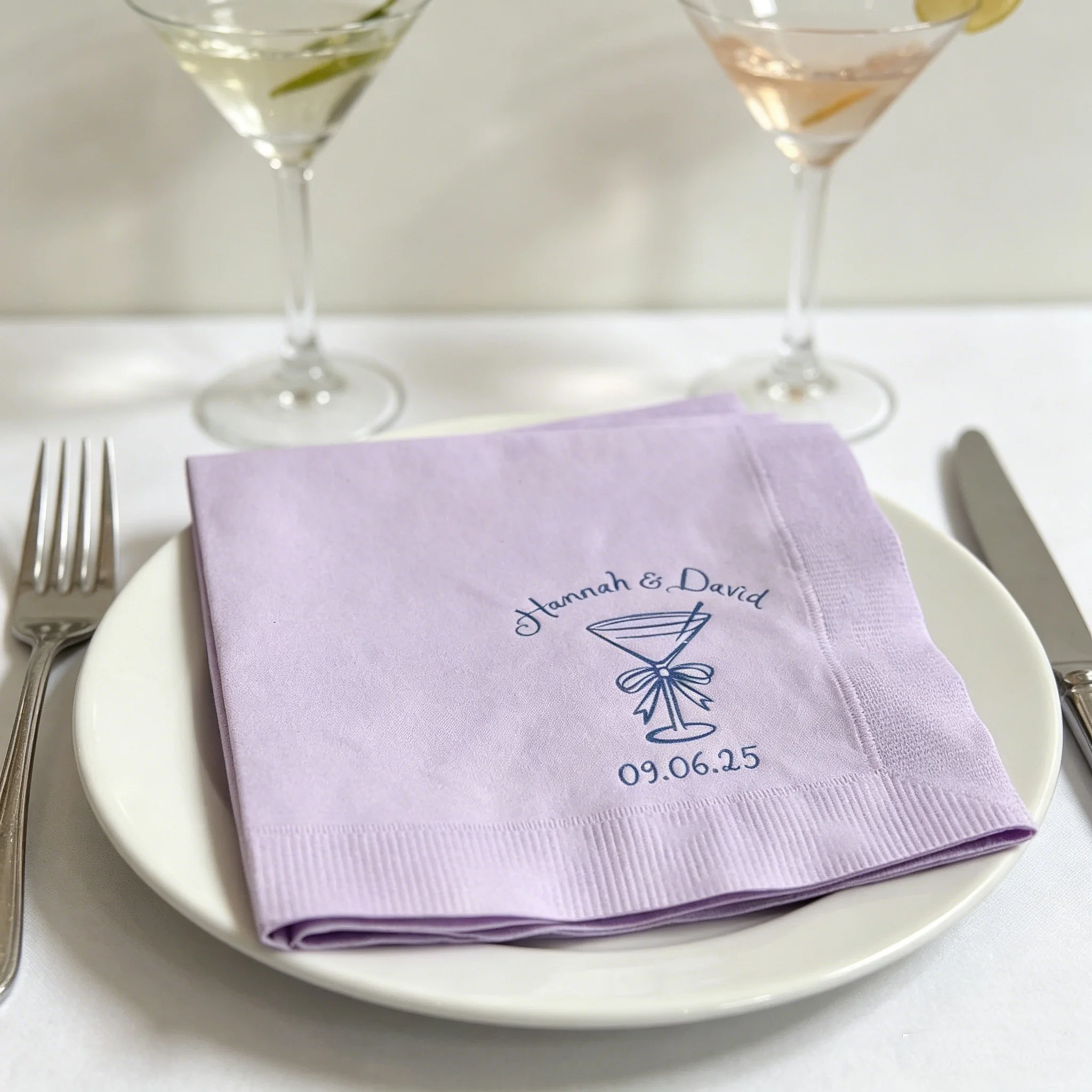 50pcs Personalized Bow Martini Glass Wedding Napkins, Custom Couple Names & Wedding Date with Blue Print, White Disposable Cockt
50pcs Personalized Bow Martini Glass Wedding Napkins, Custom Couple Names & Wedding Date with Blue Print, White Disposable Cockt