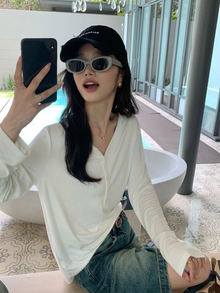 Женская футболка Long Sve V-Ne Pusumede, свободный повседневный вязаный топ, мягкий, гладкий, белый, удобный, ленивый, весенняя мода
Женская футболка Long Sve V-Ne Pusumede, свободный повседневный вязаный топ, мягкий, гладкий, белый, удобный, ленивый, весенняя мода