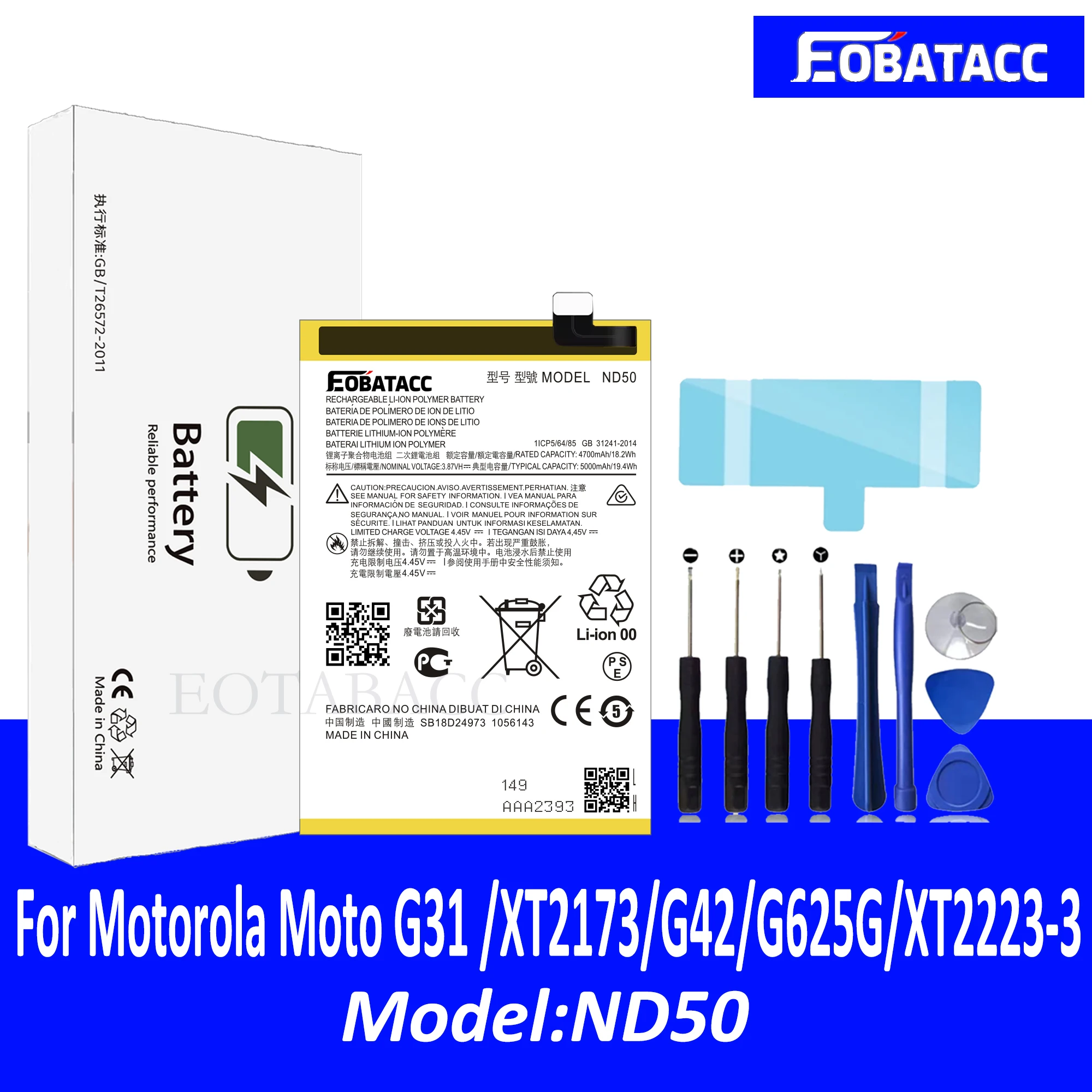 EOTABACC 100% New Original Battery ND50 For Motorola Moto G31 (XT2173)/G42/G62(5G)/XT2223-3 Battery +Tools
EOTABACC 100% New Original Battery ND50 For Motorola Moto G31 (XT2173)/G42/G62(5G)/XT2223-3 Battery +Tools