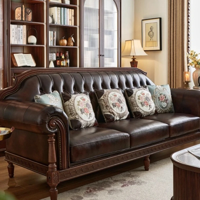 American retro solid wood leather sofa first layer cowhide 123 combination simple beautiful living room villa furniture four peo
American retro solid wood leather sofa first layer cowhide 123 combination simple beautiful living room villa furniture four peo