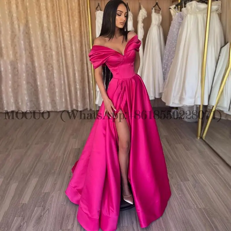 Elegant Off the Shoulder Satin Prom Dress Arabic Dubai Pleat High Split Formal Party Dress Backless Floor Length Evening Dresses
Elegant Off the Shoulder Satin Prom Dress Arabic Dubai Pleat High Split Formal Party Dress Backless Floor Length Evening Dresses