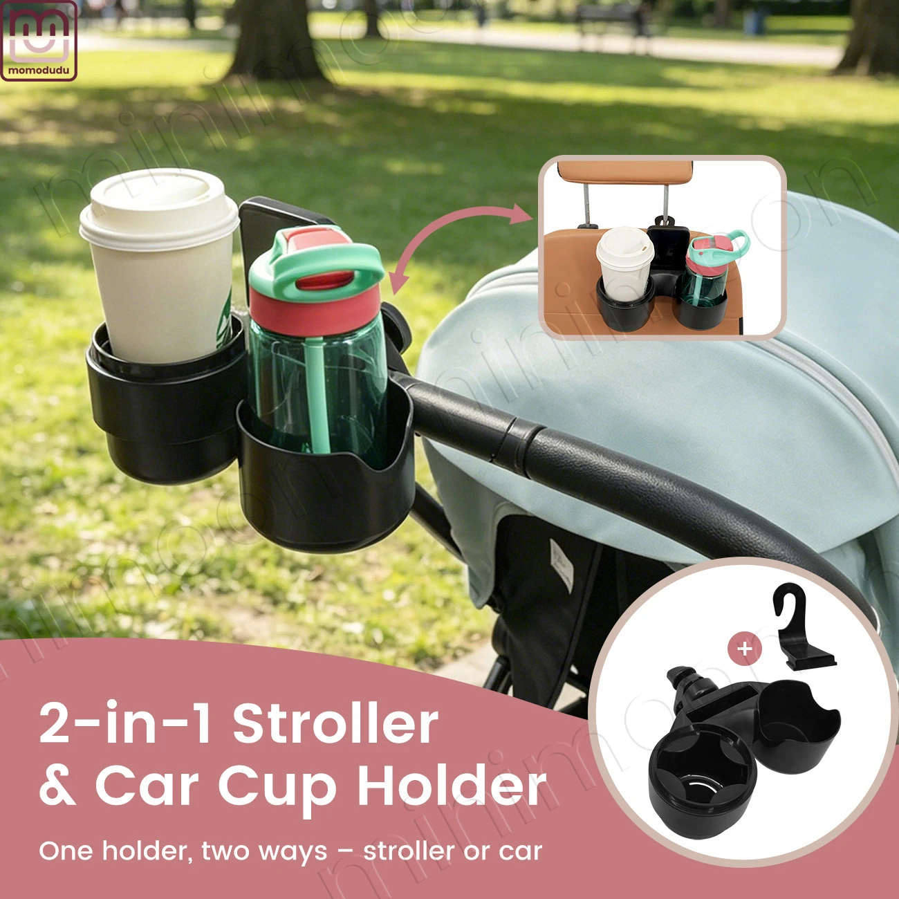 2-in-1 Cup Holder for Stroller & Car Seat, Dual Drink Tray with Hook for Bags, Adjustable Universal Fit
2-in-1 Cup Holder for Stroller & Car Seat, Dual Drink Tray with Hook for Bags, Adjustable Universal Fit