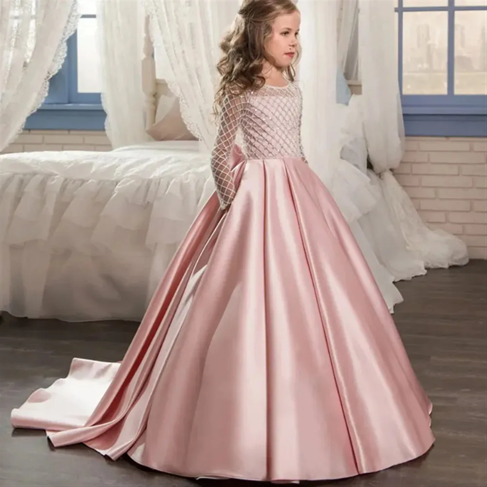 Elegant Pink Satin Flower Girl Wedding Dress Long Sleeve Bow Kids First Communion Gown Princess Birthday Party Dress Customized
Elegant Pink Satin Flower Girl Wedding Dress Long Sleeve Bow Kids First Communion Gown Princess Birthday Party Dress Customized