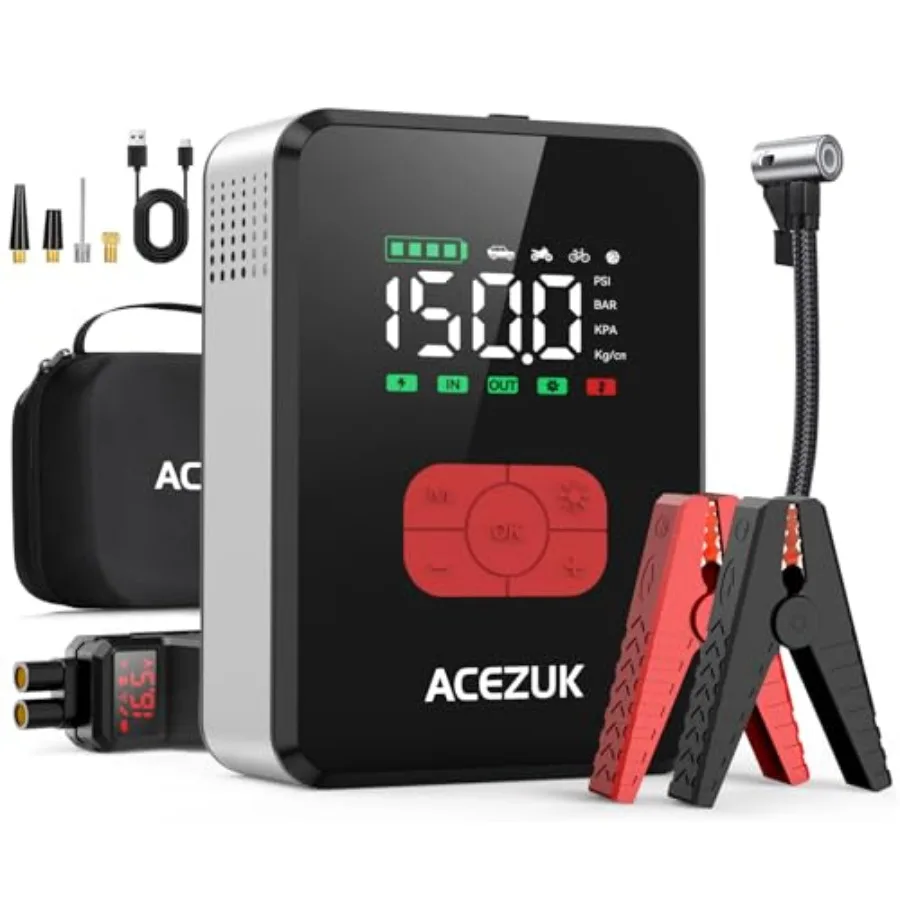 Portable car jump starter with air compressor for automotive use ABS plastic body in black 8000A peak current and 150PSI pressu
Portable car jump starter with air compressor for automotive use ABS plastic body in black 8000A peak current and 150PSI pressu