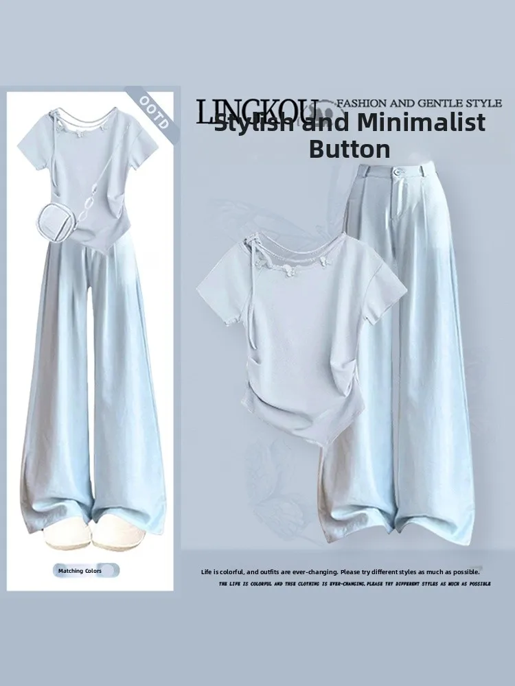 Summer Casual Women's Fashionable Wide Leg Pants Set Beautiful T-Shirt High Waist Slimming Two-Piece Suit Korean Style
Summer Casual Women's Fashionable Wide Leg Pants Set Beautiful T-Shirt High Waist Slimming Two-Piece Suit Korean Style