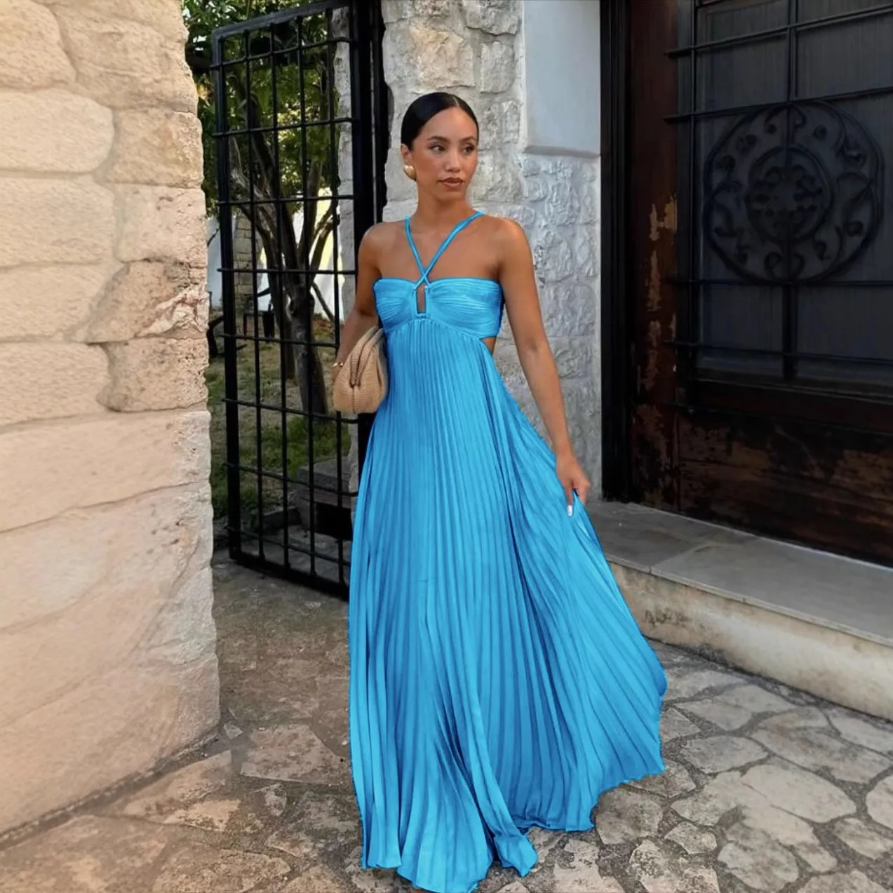 Satin Dress Pleated Skirt Halter Neck Dresses Wrap Front Maxi Dress Cross Front Side Cutout Gown Vibrant Blue Rich Brown
Satin Dress Pleated Skirt Halter Neck Dresses Wrap Front Maxi Dress Cross Front Side Cutout Gown Vibrant Blue Rich Brown