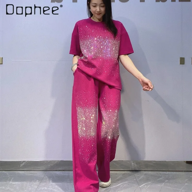 Women's Fashion Heavy Rhinestone Two-Piece Set Summer Round Neck Pullover Short Sleeve T-Shirt Straight Long Pants Outfit
Women's Fashion Heavy Rhinestone Two-Piece Set Summer Round Neck Pullover Short Sleeve T-Shirt Straight Long Pants Outfit