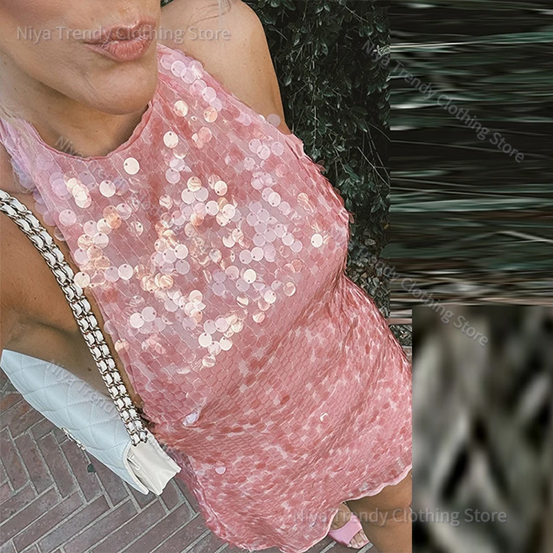 Sexy Lace Up Backless High Waist Mini Dress Fashion Hollow Out Sleeveless Short Dresses Pink Sequin Slim Women's Banquet Dress
Sexy Lace Up Backless High Waist Mini Dress Fashion Hollow Out Sleeveless Short Dresses Pink Sequin Slim Women's Banquet Dress