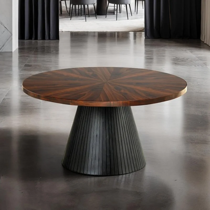 Modern Round Coffee Table with Parquet Top and Black Drum Base
Modern Round Coffee Table with Parquet Top and Black Drum Base