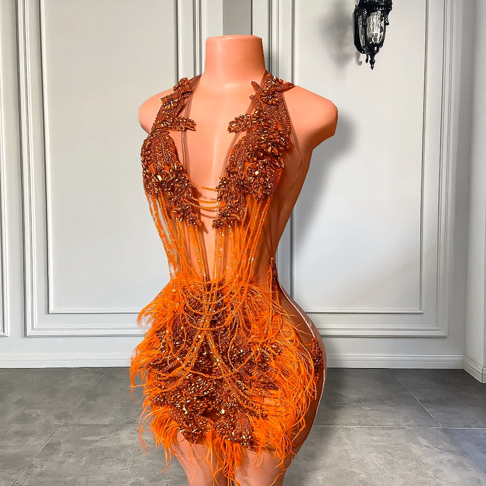Luxury Sparkly Orange Crystals Diamond Women Cocktail Gowns Sexy See Through Feather Black Girl Short Prom Dresses 2025 
Luxury Sparkly Orange Crystals Diamond Women Cocktail Gowns Sexy See Through Feather Black Girl Short Prom Dresses 2025