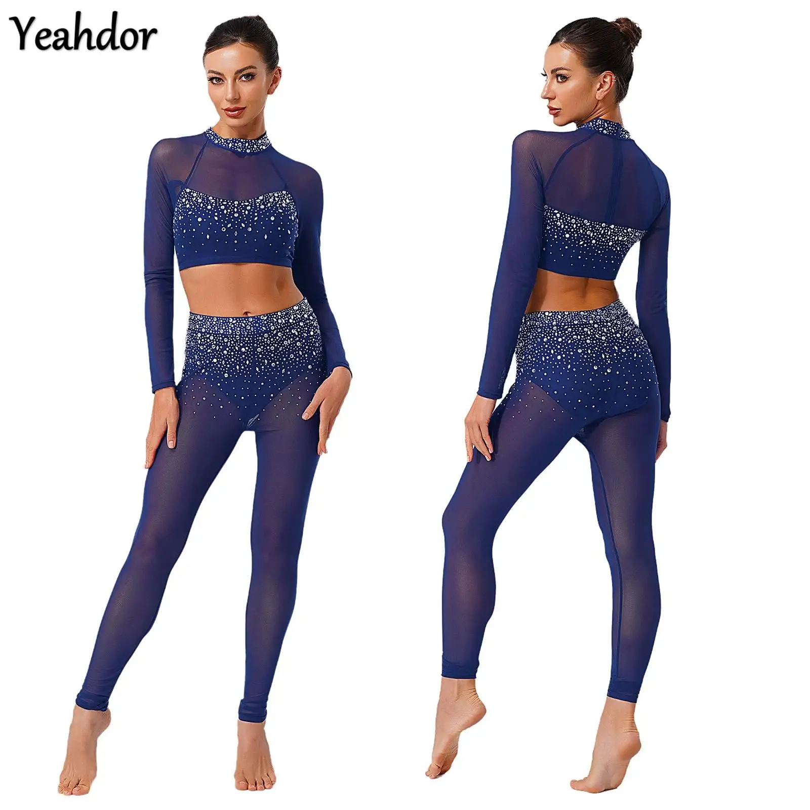 Women Rhinestone Ballet Dance Outfits Long Sleeve Crop Top And Leggings Tights Sheer Mesh Latin Gymnastics Workout Dancewear Set
Women Rhinestone Ballet Dance Outfits Long Sleeve Crop Top And Leggings Tights Sheer Mesh Latin Gymnastics Workout Dancewear Set