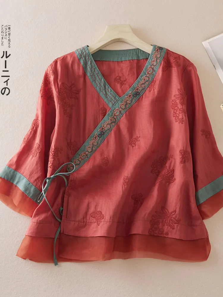 Retro Chinese Sle Embroidered Cotton Linen irt Women Summer Slim Fit V-Ne Button Detail Tea Ceremony Top Casual Wear
Retro Chinese Sle Embroidered Cotton Linen irt Women Summer Slim Fit V-Ne Button Detail Tea Ceremony Top Casual Wear