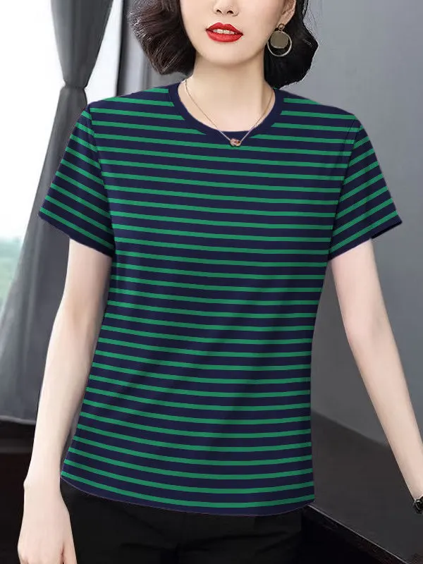 Fashionable Striped Short Sleeve T-Shirt Women's Summer Slimming Trendy Mom Appropriate Shoulder Top Cotton Polyester Blend
Fashionable Striped Short Sleeve T-Shirt Women's Summer Slimming Trendy Mom Appropriate Shoulder Top Cotton Polyester Blend